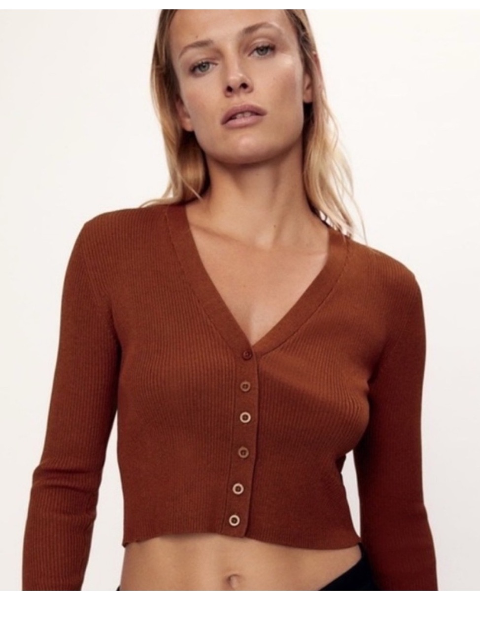 Zara Cropped Vneck Button Cardigan Rust Brown